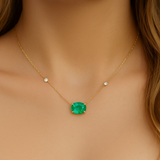 .78ct G SI 14K Yellow Gold Diamond & Emerald Gemstone Pendant 18" Long