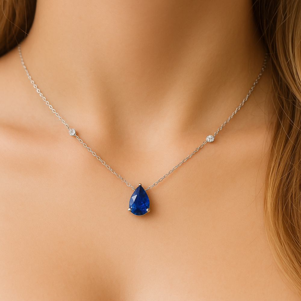 .72ct G SI 14K White Gold Diamond & Blue Sapphire Gemstone Pendant 18" Long
