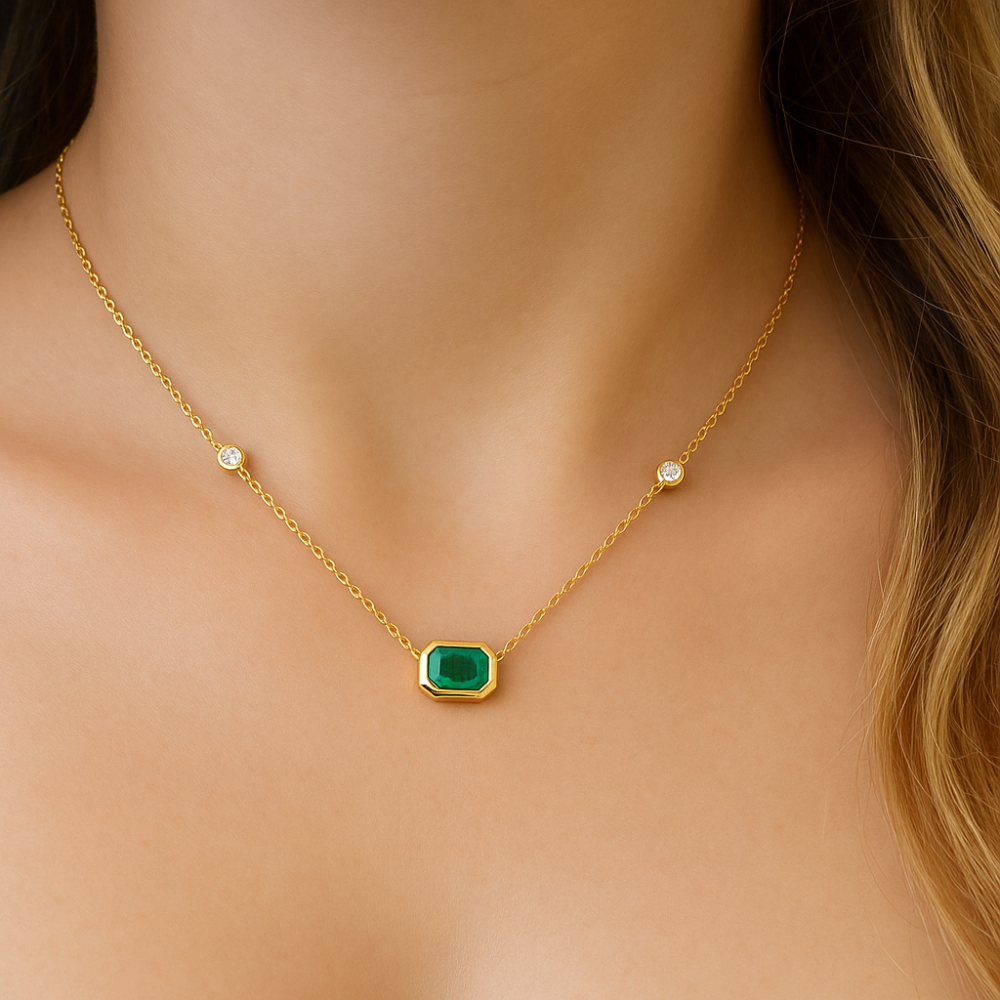 .90ct G SI 14K Yellow Gold Diamond & Emerald Gemstone Pendant 18" Long