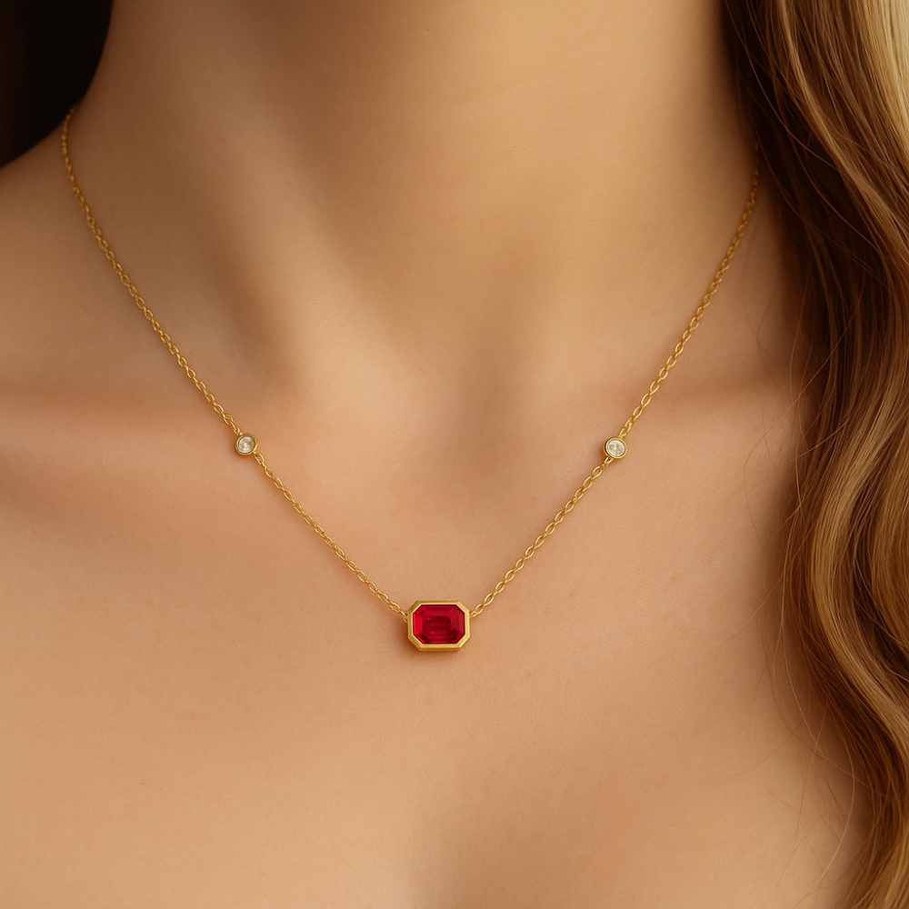 .85ct G SI 14K Yellow Gold Diamond & Ruby Gemstone Pendant 18" Long