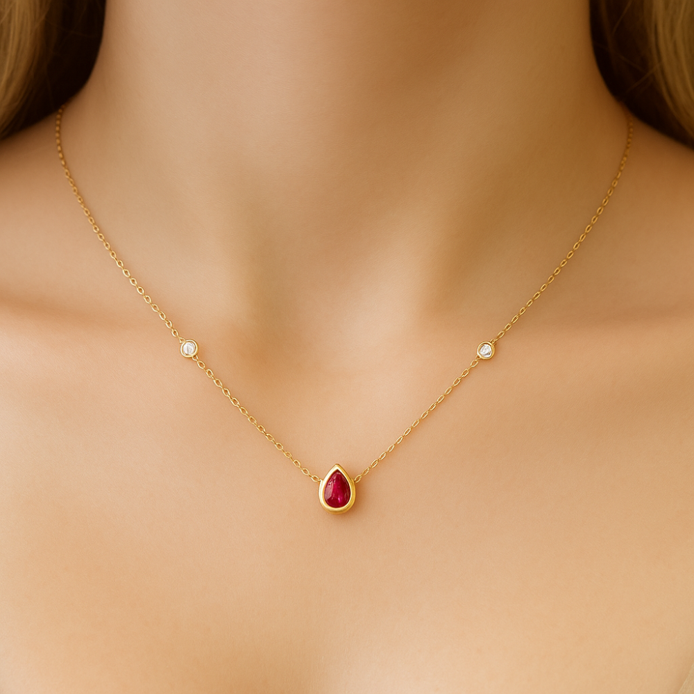 .83ct G SI 14K Yellow Gold Diamond & Ruby Gemstone Pendant 18" Long