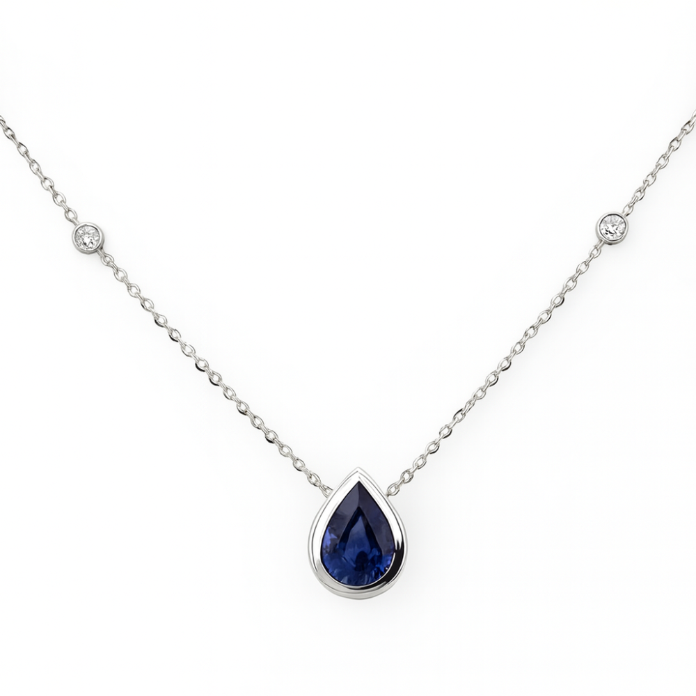 .93ct G SI 14K White Gold Diamond & Blue Sapphire Gemstone Pendant 18" Long