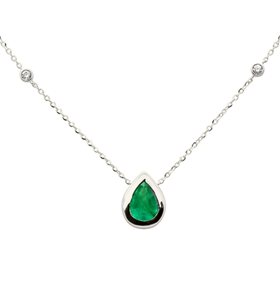 .79ct G SI 14K White Gold Diamond & Emerald Gemstone Pendant 18" Long