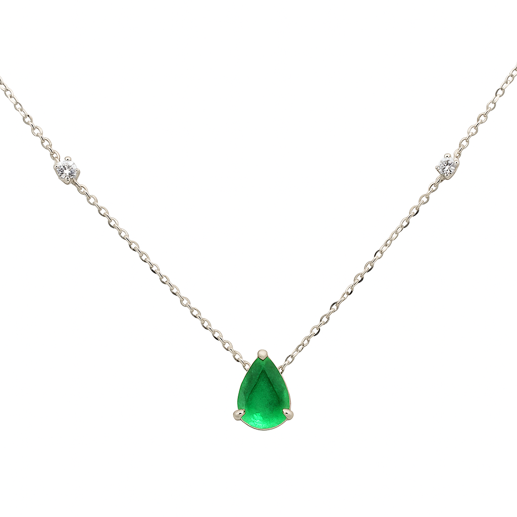 .67ct G SI 14K White Gold Diamond & Emerald Gemstone Pendant 18" Long