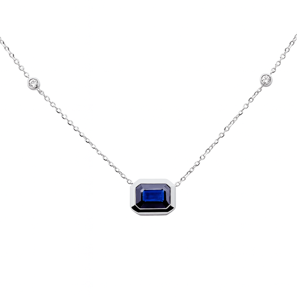 1.19ct G SI 14K White Gold Diamond & Blue Sapphire Gemstone Pendant 18" Long