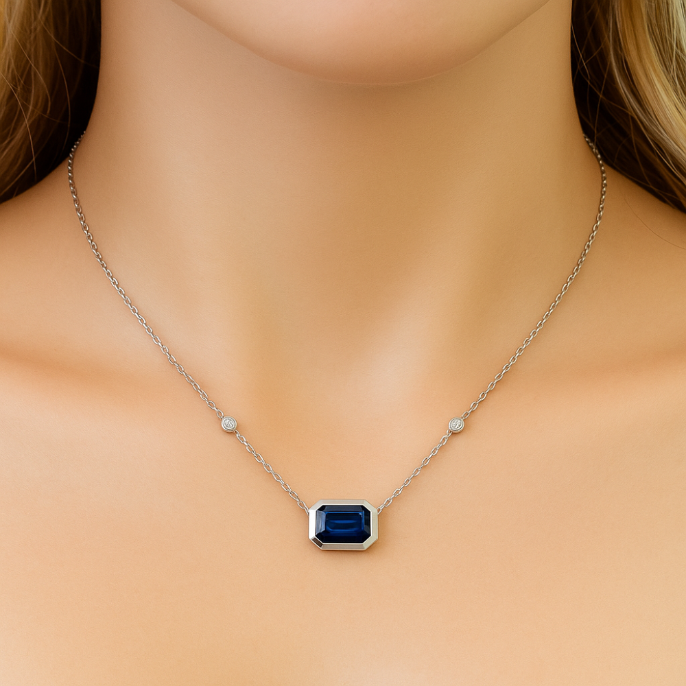 1.19ct G SI 14K White Gold Diamond & Blue Sapphire Gemstone Pendant 18" Long