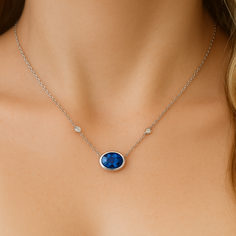 1.17ct G SI 14K White Gold Diamond & Blue Sapphire Gemstone Pendant 18" Long
