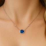 1.17ct G SI 14K White Gold Diamond & Blue Sapphire Gemstone Pendant 18" Long