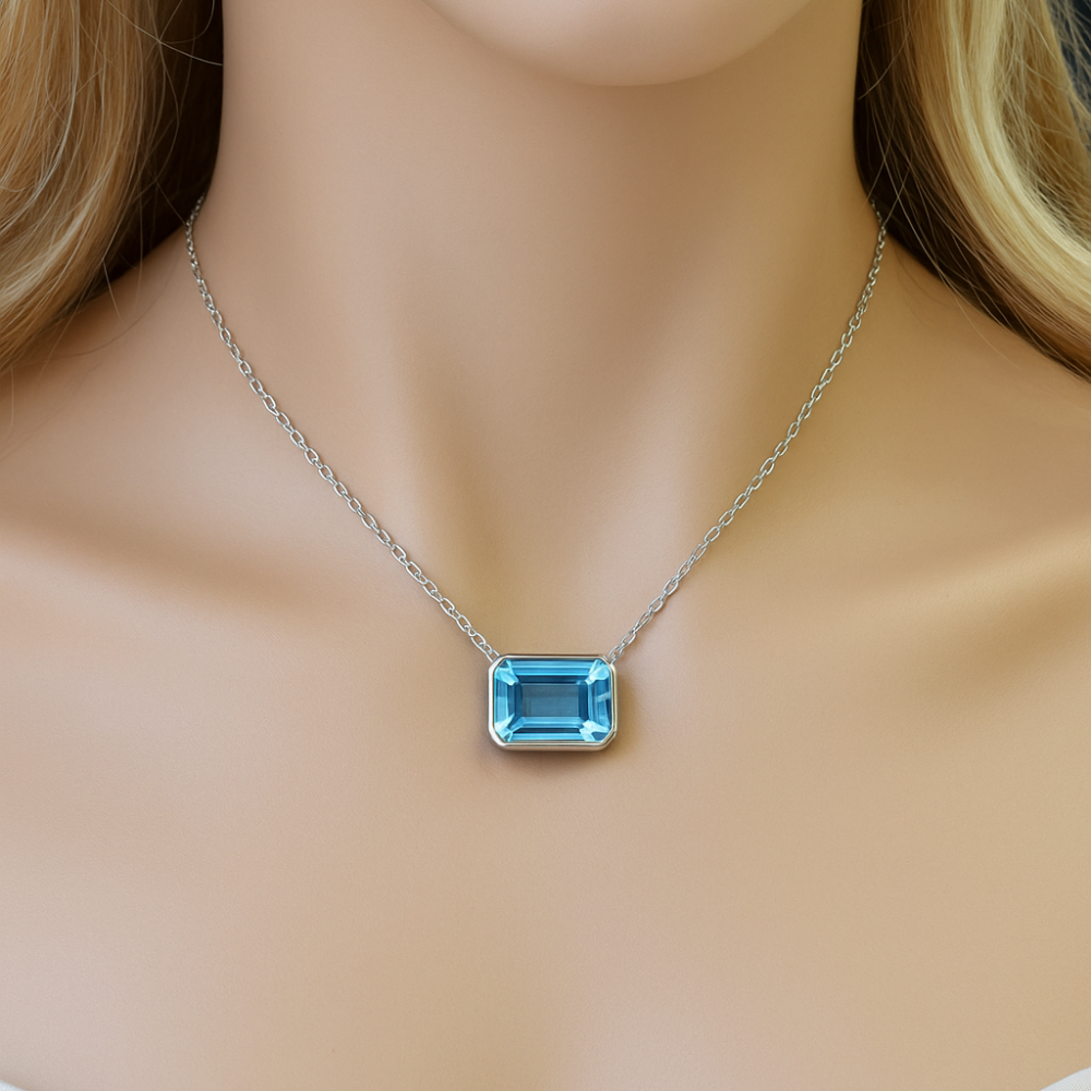 .98ct G SI 14K White Gold Bezel Set Aquamarine Gemstone Pendant Necklace 18" Long