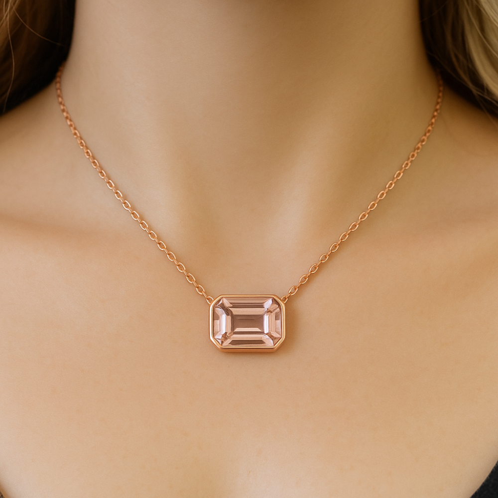 .86ct G SI 14K Rose Gold Bezel Set Morganite Gemstone Solitaire Pendant Necklace 18" Long