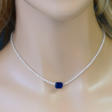 2.66ct G SI 14K White Gold Diamond & Blue Sapphire Double Eagle Prongs Set Tennis Necklace 16" Long