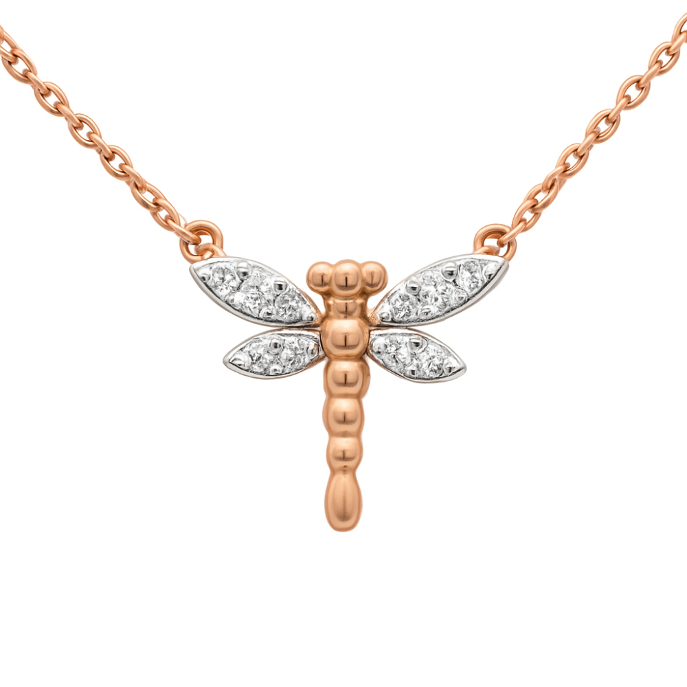 .06ct G SI 14K Rose Gold Round Diamond Dragonfly Pendant Necklace 18" Long