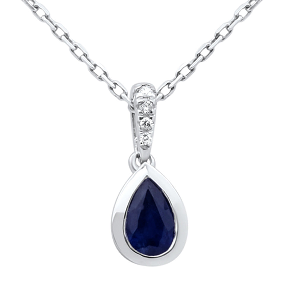 .56ct G SI 14KT White Gold Diamond & Pear Shape Blue Sapphire Gemstone Pendant Necklace 18" Long Chain