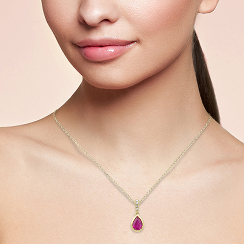 <span style="color:purple">SPECIAL!</span>.57ct G SI 14KT Yellow Gold Diamond & Pear Shape Ruby Gemstone Pendant Necklace 18" Long Chain
