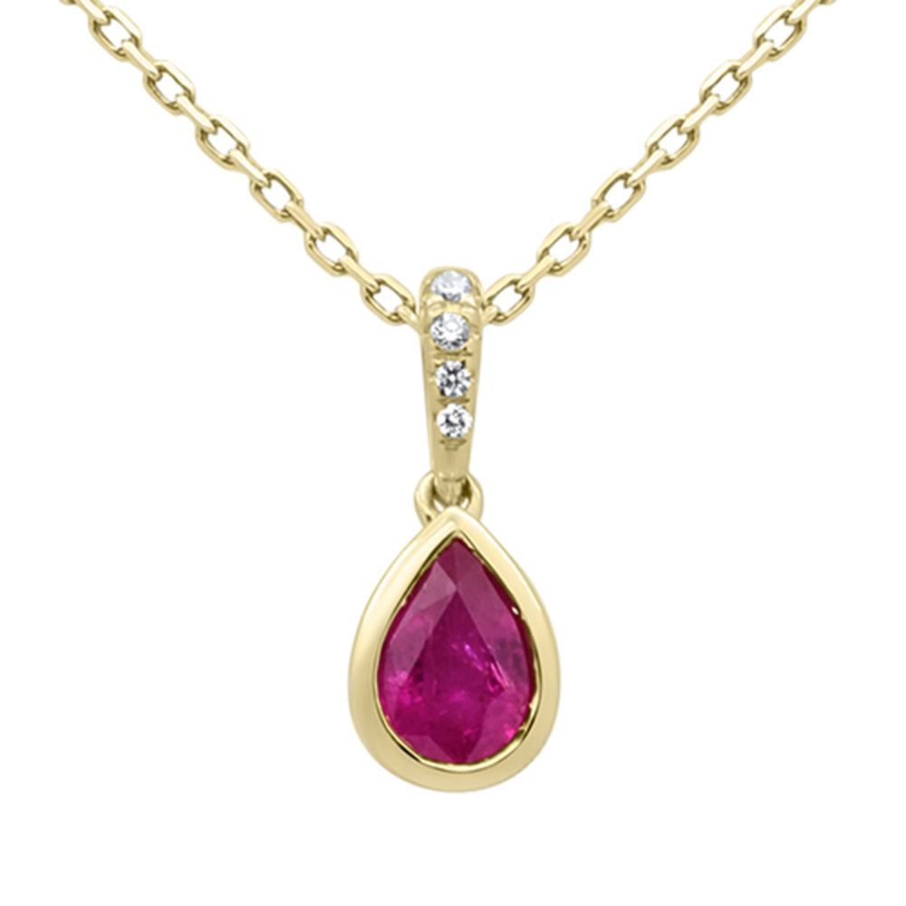 <span style="color:purple">SPECIAL!</span>.57ct G SI 14KT Yellow Gold Diamond & Pear Shape Ruby Gemstone Pendant Necklace 18" Long Chain
