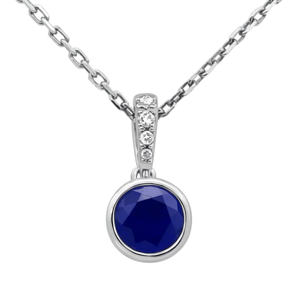 .60ct G SI 14KT White Gold Diamond & Round Shape Blue Sapphire Gemstone Pendant Necklace 18" Long Chain