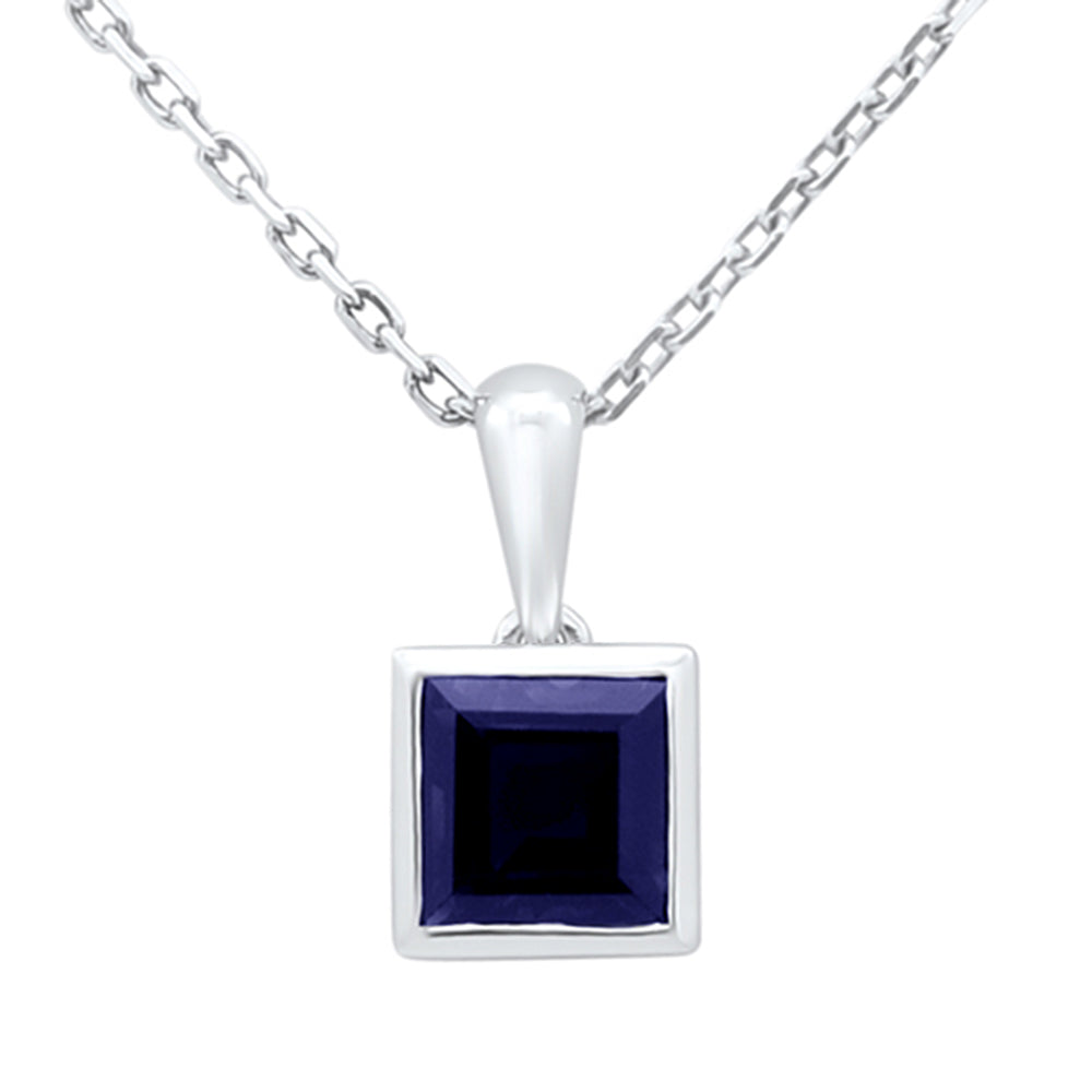 .90ct G SI 14KT White Gold Princess Cut Blue Sapphire Gemstone Pendant Necklace 18" Long Chain