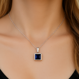 .90ct G SI 14KT White Gold Princess Cut Blue Sapphire Gemstone Pendant Necklace 18" Long Chain