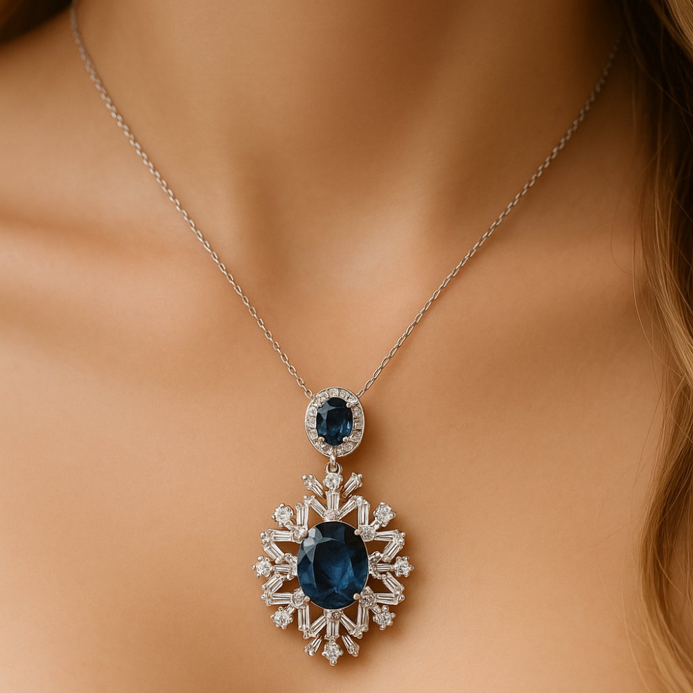 6.34ct G SI 14K White Gold Blue Sapphire Gemstone & Diamond Pendant No Chain