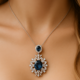 6.34ct G SI 14K White Gold Blue Sapphire Gemstone & Diamond Pendant No Chain