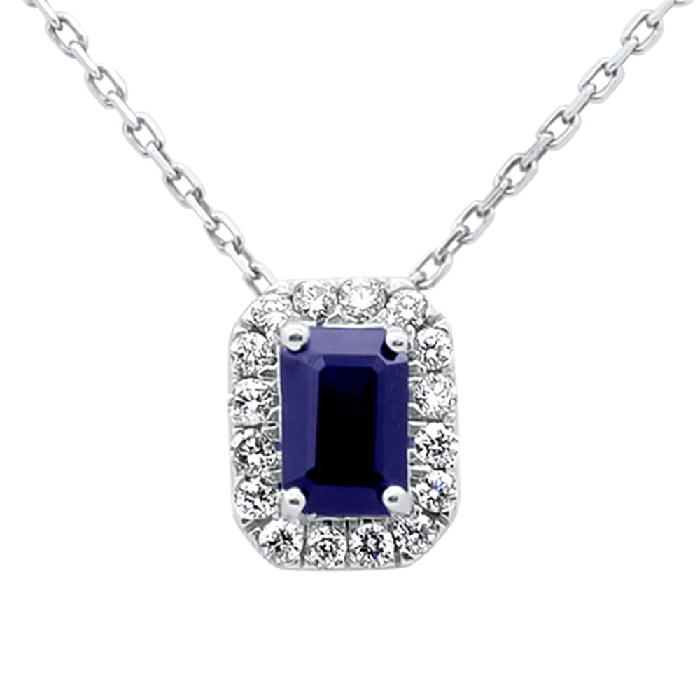 .97ct G SI 14K White Gold Blue Sapphire Gemstone & Diamond Halo Pendant 18" Long