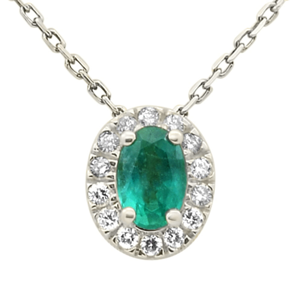 .57ct G SI 14K White Gold Oval Emerald Gemstone & Diamond Halo Pendant 18" Long