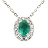 .57ct G SI 14K White Gold Oval Emerald Gemstone & Diamond Halo Pendant 18" Long