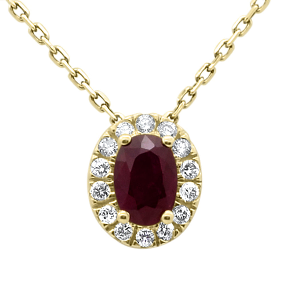 .73ct G SI 14K Yellow Gold Oval Ruby Gemstone & Diamond Halo Pendant 18" Long