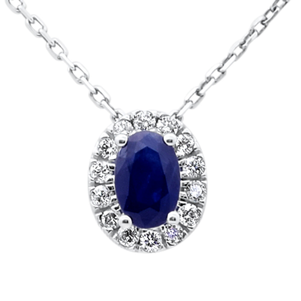 .80ct G SI 14K White Gold Oval Blue Sapphire Gemstone & Diamond Halo Pendant 18" Long