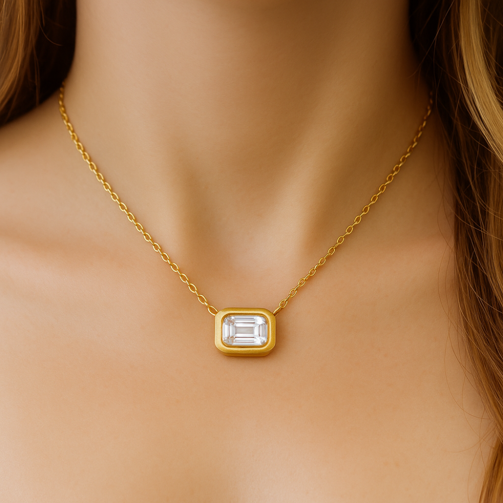 .50ct G SI 14K Yellow Gold Diamond Bezel Emerald Cut Pendant 18" Long