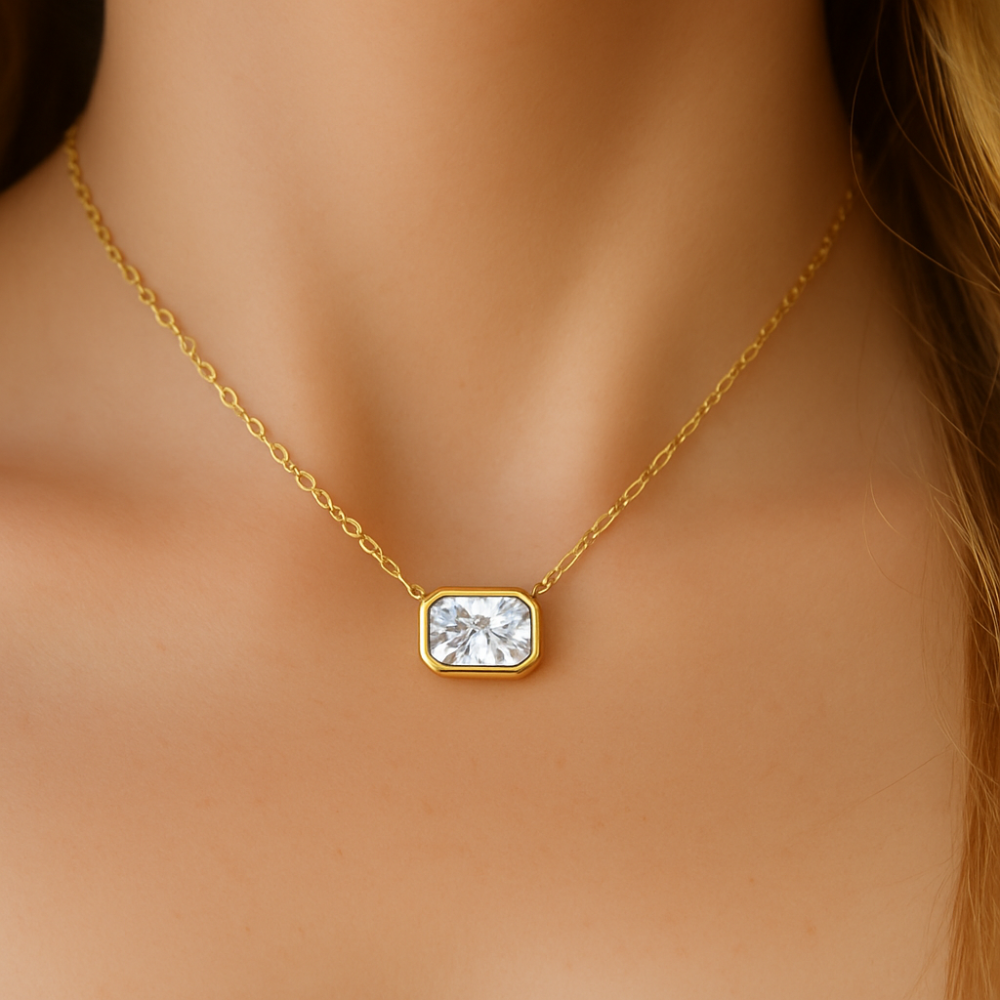 .56ct G SI 14K Yellow Gold Bezel Set Radiant Cut Diamond Pendant 18" Long