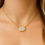 .90ct G SI 14K Yellow Gold Diamond Bezel Emerald Cut Pendant 18" Long