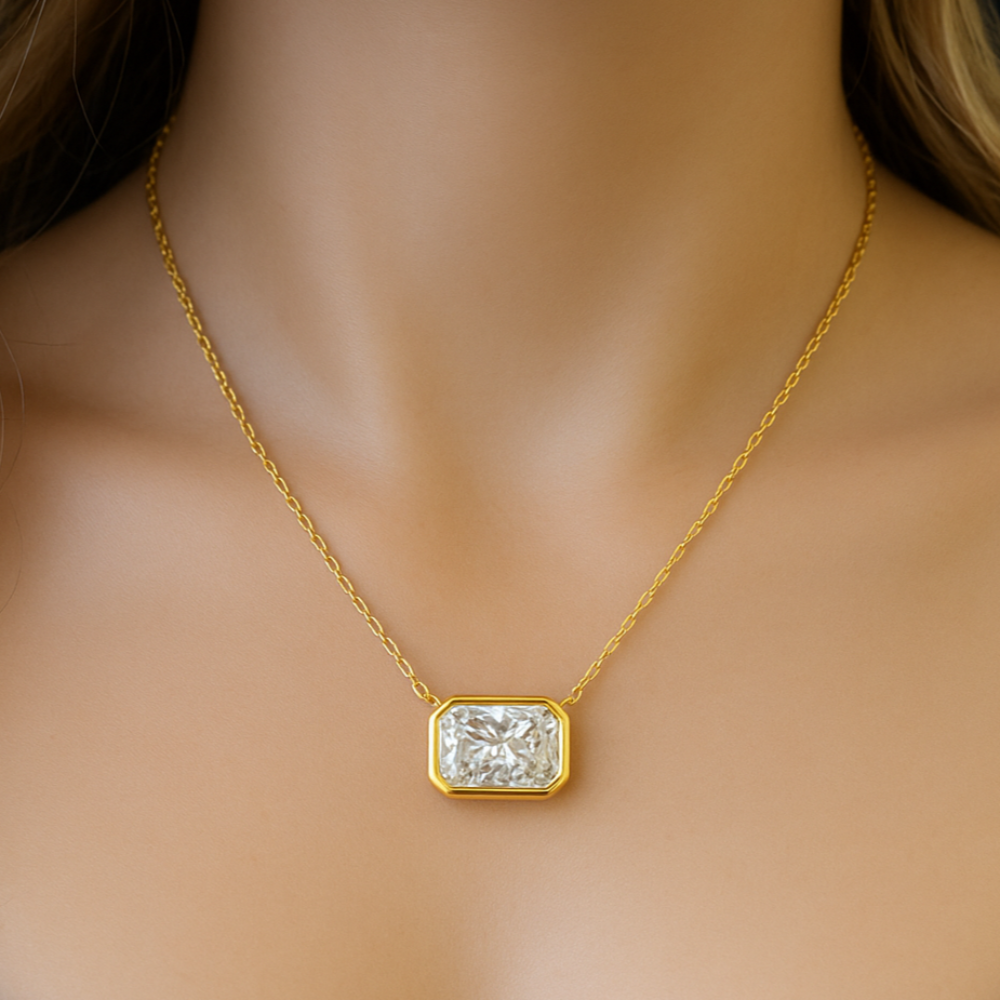 1.00ct G SI 14K Yellow Gold Bezel Set Radiant Cut Diamond Pendant 18" Long