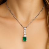 .28ct G SI 14K White Gold Diamond & Emerald Gemstone Pendant 18" Long