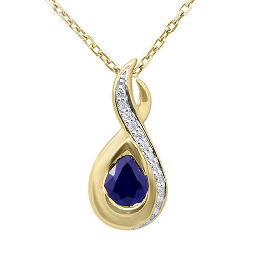 .45ct G SI 14K Yellow Gold Diamond & Blue Sapphire Gemstone Teardrop Pendant 18" Long