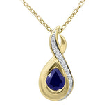 .45ct G SI 14K Yellow Gold Diamond & Blue Sapphire Gemstone Teardrop Pendant 18" Long