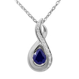 .40ct G SI 14K White Gold Diamond & Blue Sapphire Teardrop Pendant 18" Long