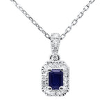 .35ct G SI 14K White Gold Diamond & Blue Sapphire Gemstone Halo Pendant 18" Long