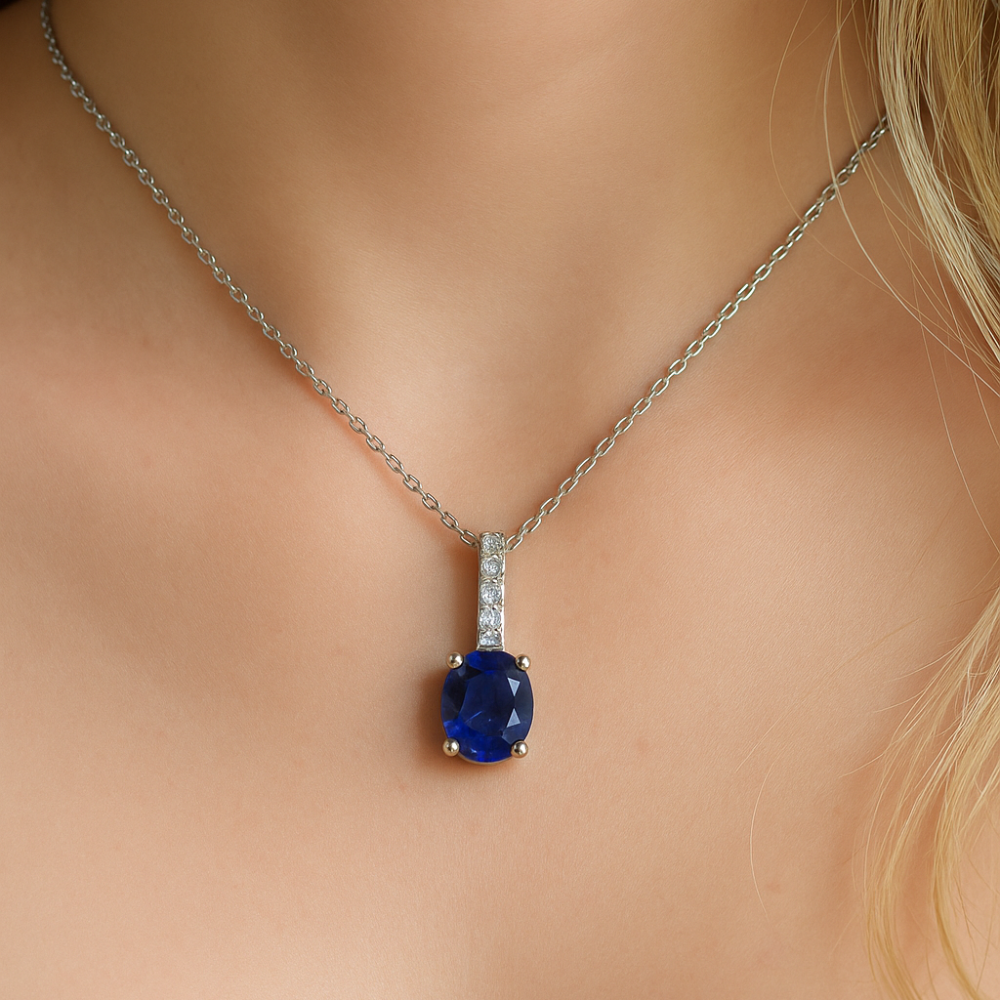 1.94ct G SI 14K White Gold Diamond & Blue Sapphire Gemstone Pendant 18" Long