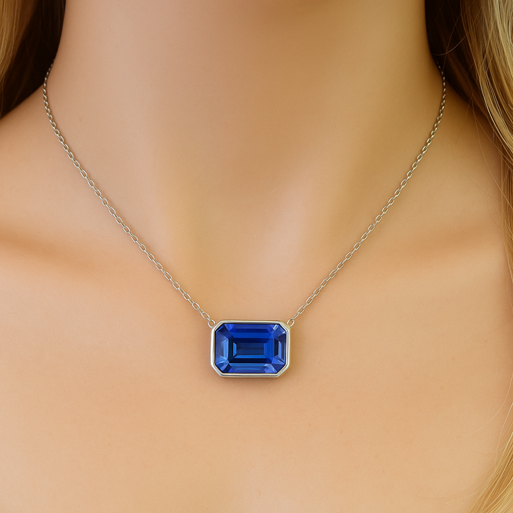 1.50ct G SI 14K White Gold Bezel Set Tanzanite Gemstone Pendant 18" Long