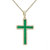 1.14ct G SI 14K Yellow Gold Diamond & Emerald Gemstone Cross Pendant 18" Long