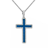 1.61ct G SI 14K White Gold Diamond & Blue Sapphire Gemstone Cross Pendant 18" Long