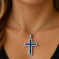 <span style="color:purple">SPECIAL!</span>1.72ct G SI 14K White Gold Diamond & Blue Sapphire Gemstone Cross Pendant 18" Long