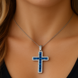 1.61ct G SI 14K White Gold Diamond & Blue Sapphire Gemstone Cross Pendant 18" Long