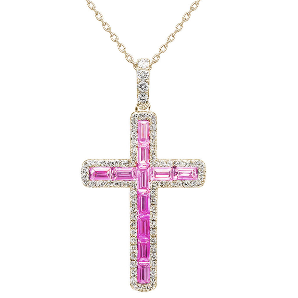 1.39ct G SI 14K Yellow Gold Diamond & Pink Sapphire Gemstone Cross Pendant 18" Long