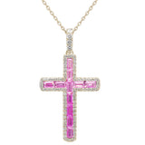 1.39ct G SI 14K Yellow Gold Diamond & Pink Sapphire Gemstone Cross Pendant 18" Long