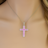 1.48ct G SI 14K White Gold Diamond & Pink Sapphire Gemstone Cross Pendant 18" Long