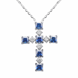 .88ct G SI 14K White Gold Diamond & Blue Sapphire Gemstone Cross Pendant 18" Long