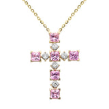 .88ct G SI 14K Yellow Gold Diamond & Pink Sapphire Gemstone Cross Pendant 18" Long