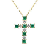 .77ct G SI 14K Yellow Gold Diamond & Emerald Gemstone Cross Pendant 18" Long